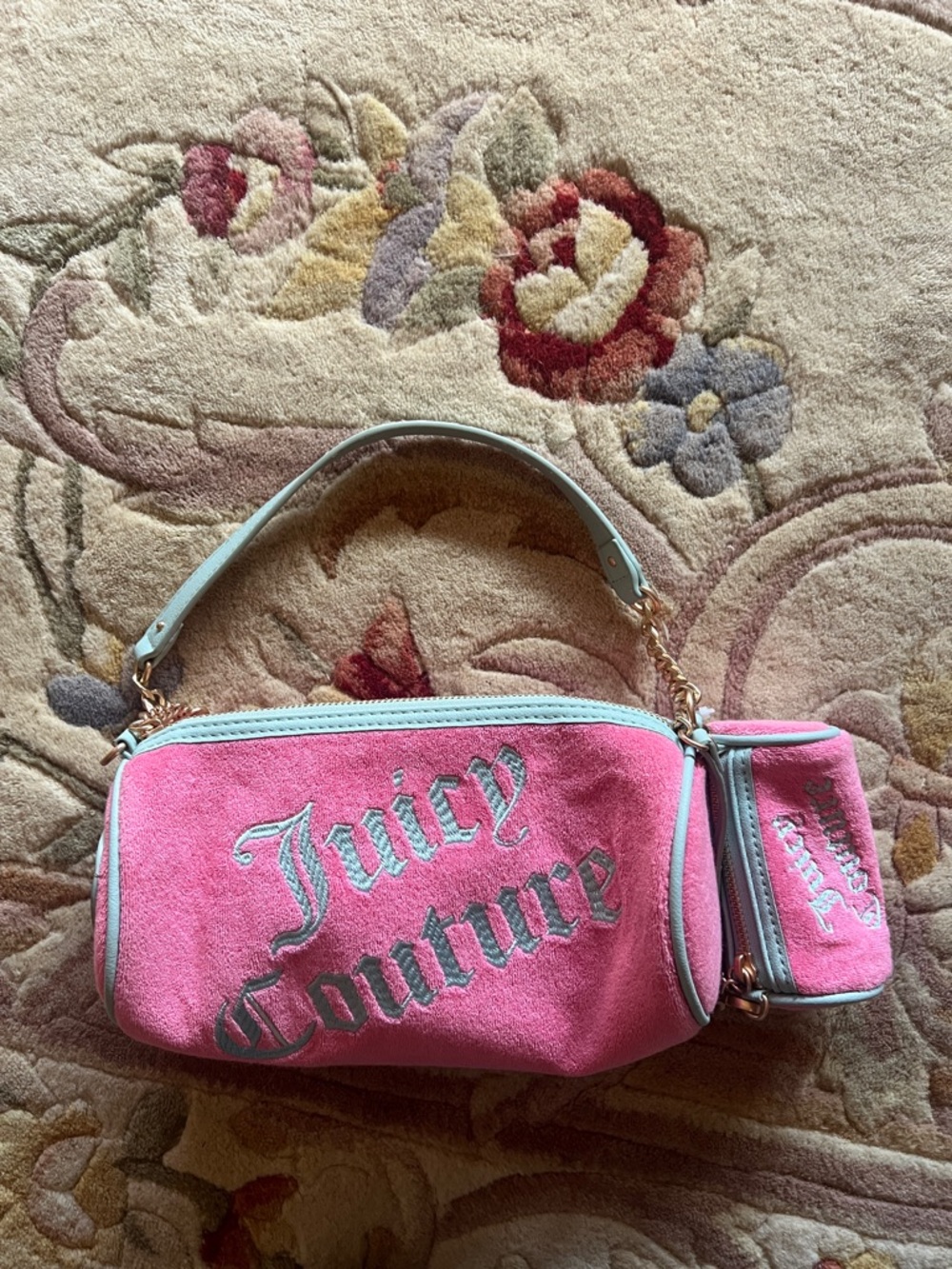 Juicy Couture Pink Suede Mini Shoulder Bag with Mint Trim
